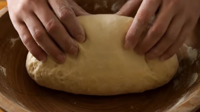 Hands gently press down on soft, risen dough in a wooden bowl. The elastic dough deflates, ready for the next baking step.
