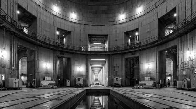 Symmetrical reactor interior composed with cathedral-like geometry, evoking reverence and quiet awe through industrial structure alone, without religious symbols.
