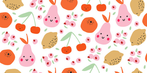 Seamless scandinavian fruit pattern with lemons and pears on white