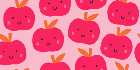 Seamless cute pink apple pattern with smiling faces