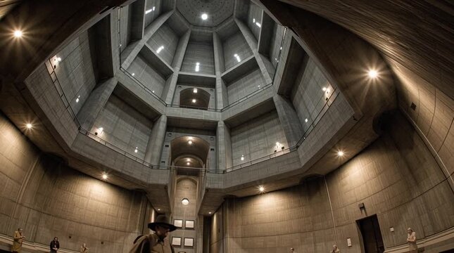 Symmetrical reactor interior composed with cathedral-like geometry, evoking reverence and quiet awe through industrial structure alone, without religious symbols.
