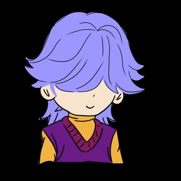 Chibi boy with long purple hair covering eyes wearing a purple vest and yellow turtleneck.

Keywords: Purple hair, mysterious, emo style, turtleneck, layered outfit, bangs, cool colors, alternative fa