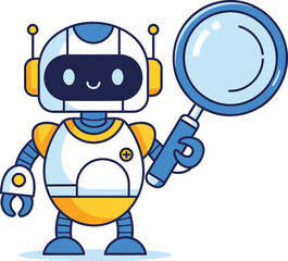 Obraz premium Friendly robot character holding a magnifying glass for inspection or discovery