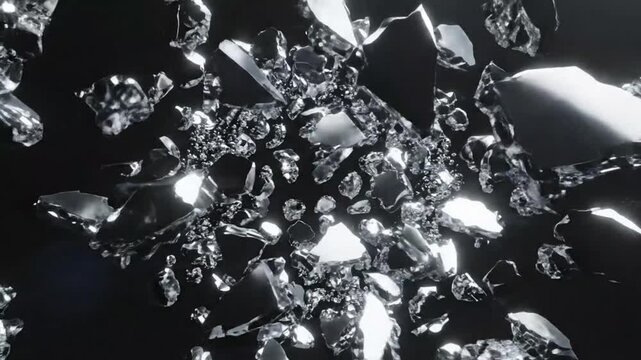 Shattered glass fragments on dark background, broken pieces