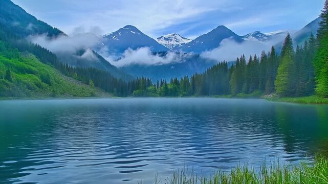 Serene mountain lake with trees and clouds.