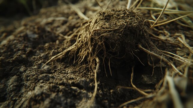 Dry cracked earth revealing the shallow fibrous root system of a plant