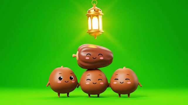 Adorable 3D Cartoon Dates Stacked with Glowing Ramadan Lantern on Green Background, Festive Celebration Graphic