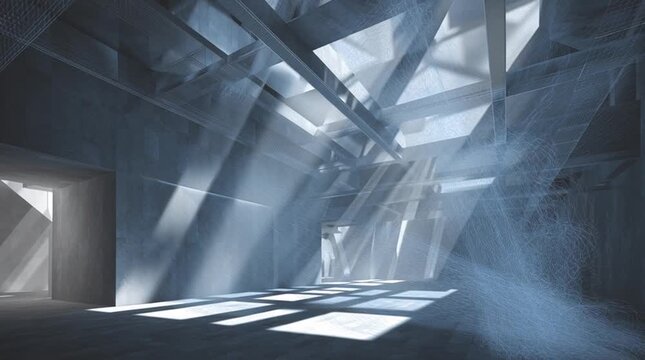 Abstract reactor interior implied through shafts of light and shadowed geometry, evoking a living energy system &mdash; silent, rhythmic, and breathing through architectural form.

