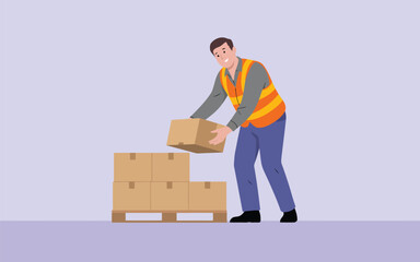 A cheerful male worker wearing an orange safety vest places cardboard boxes onto a wooden pallet