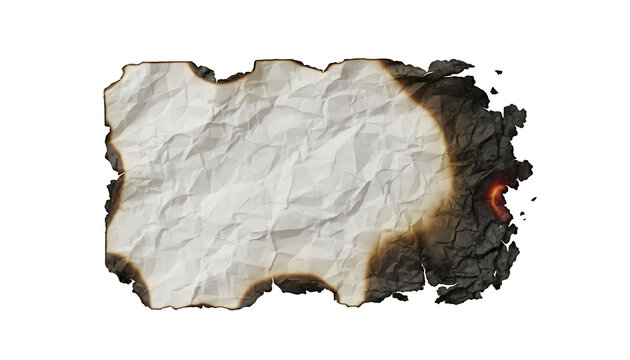Crumpled Burnt Paper Scrap Isolated Transparent PNG Ash Edges Fire Damaged Parchment Antique Distressed Design Overlay.