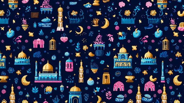 Ramadan Kareem Islamic Pattern with Mosques and Lanterns.