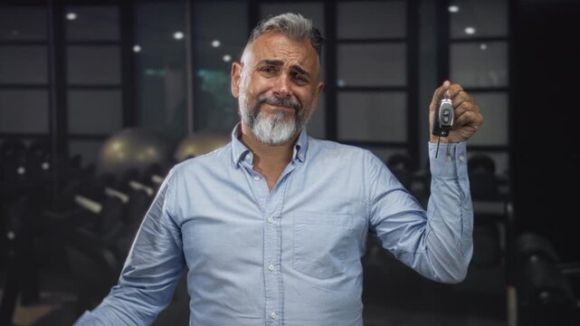 Man holds car key fob aloft in hand in gym building, wearing light blue shirt with gray beard and raised eyebrow gesture; bemused shrug.