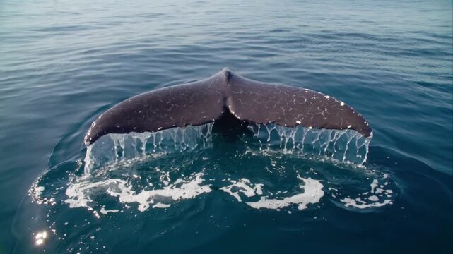 Whale Tail Fluke Splitting Ocean Water Surface Calm Blue Sea image photo