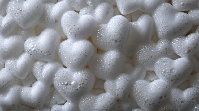 Background with white foam hearts in close-up, product photography.