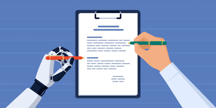AI robot and human working on a document together