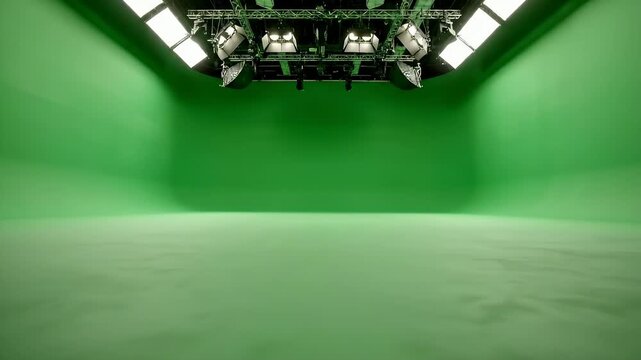 Empty green screen studio with lighting rig and reflective floor