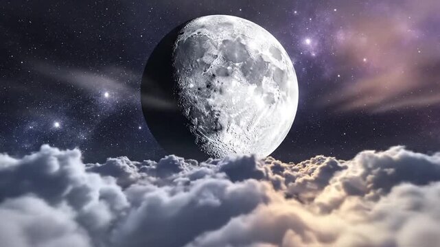 Full moon obscured by clouds, with a starry night sky in the background, offering a serene atmosphere