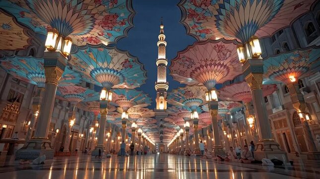 Giant umbrellas in the illuminated mosque courtyard at night