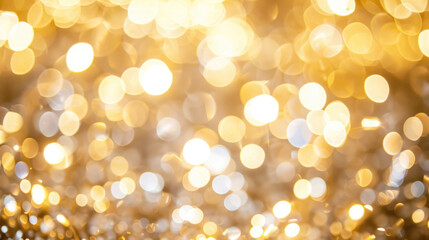 Golden christmas lights with glittering ornaments creating warm bokeh effect for holiday decoration background