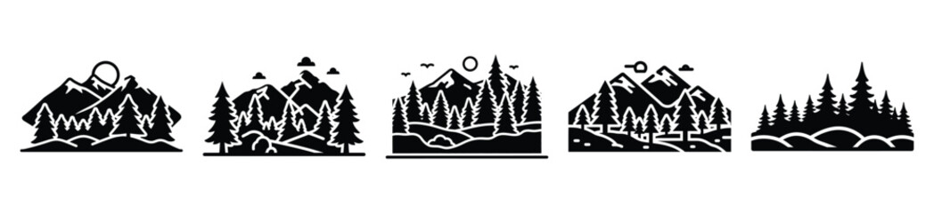 Obraz premium National Arbor Day forest landscape vector icon set. Arbor Day creative concept and Simple illustration, icon design solid black color with white background.