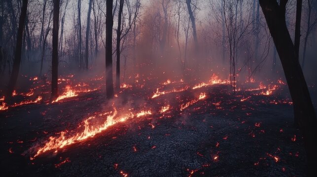 Smoldering embers and glowing flames illuminate the dark forest floor in the aftermath of a destructive wildfire scene with trees silhouetted against smoke filled air