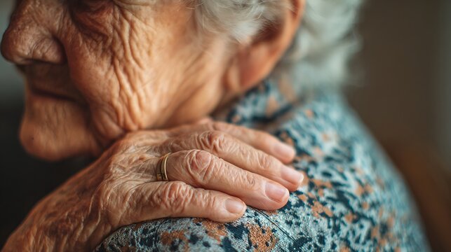 Close-up of elderly woman's hand on shoulder, showcasing skin texture, and a wedding band