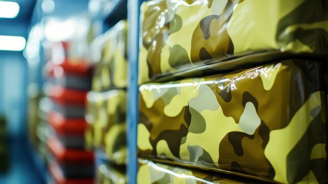 Stacks of sealed camouflage MRE Meal Ready to Eat packages in storage