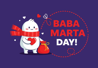 A cartoon character on baba marta day with a purple background