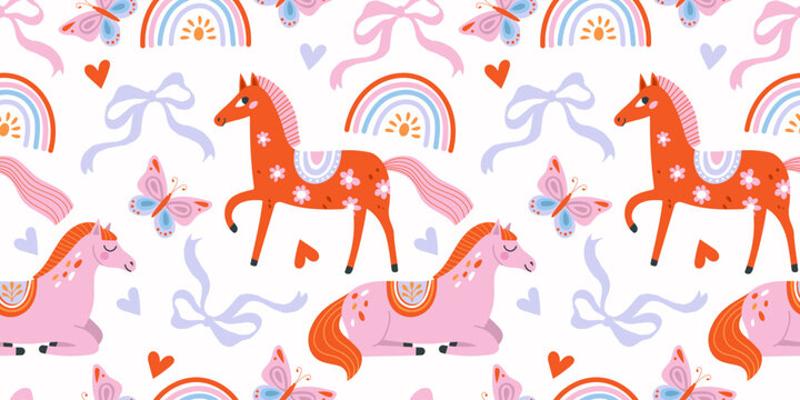 Seamless pattern with cute horses, rainbows, bows and butterflies. Colorful playful vector illustration for nursery design, fabric, wrapping paper and children backgrounds.