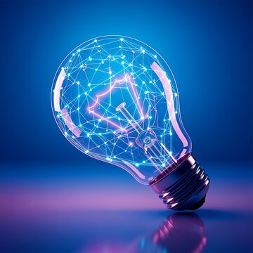 Innovative idea generation represented by a light bulb with glowing network connections on a blue background in a conceptual image