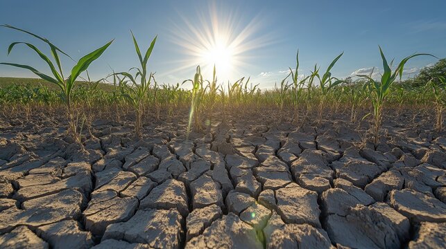 Sun shines brightly over a parched cracked earth field with young corn plants struggling to grow in a severe drought