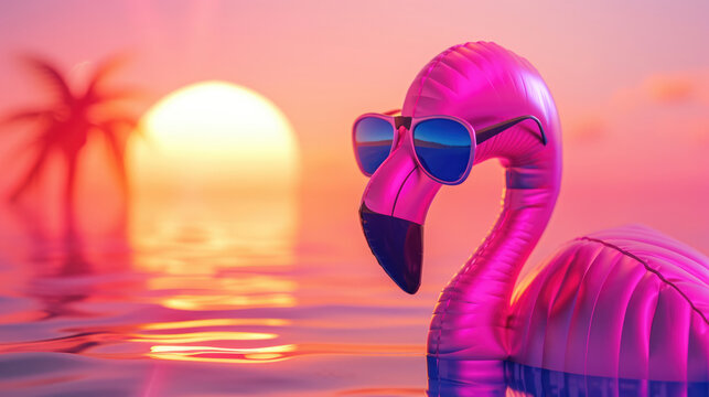 Summer illustration of vibrant pink flamingo pool float with sunglasses against dramatic sunset ocean background