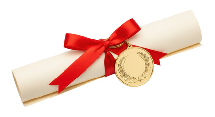 Diploma scroll with red ribbon and gold medal isolated PNG, graduation certificate for academic...