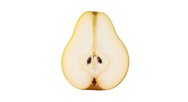 Half of a yellow pear isolated PNG on transparent background, fresh fruit cut in half with seeds for healthy eating and cooking