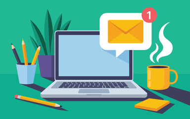 A laptop computer on a desk showing a new email notification next to a coffee cup and plant