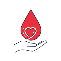 A hand holding a red drop with a heart inside it, symbolizing blood donation and care