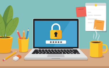 A laptop displays a secure padlock and password field on a wooden desk with office supplies