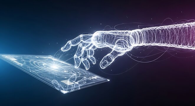 Wireframe robot hand interacting with a futuristic glowing tablet interface, symbolizing AI, technology, and human-machine interaction.