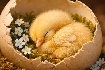 Yellow chick sleeping in moss-lined eggshell with forget-me-nots. Macro close-up, warm light, peaceful new life concept.