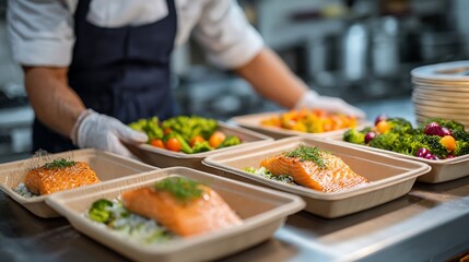 A chef in a commercial kitchen preparing and serving healthy takeout meals