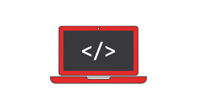 Red laptop computer with code on screen