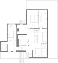 Modern apartment floor plan vector illustration featuring three bedroom layout with spacious living area private balcony and detailed architectural residential home design.