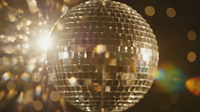 Glittering mirror ball catches bright light in a dark, bokeh-filled setting