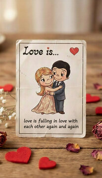 A romantic card with the words "Love is..." rests on a wooden tabletop. Scattered around the card are decorative elements related to the theme of love: red hearts, rose petals.