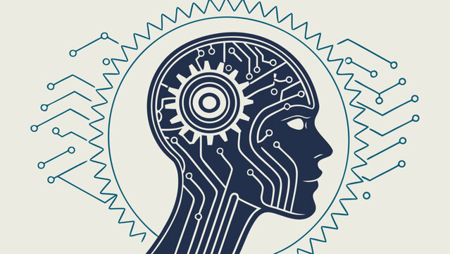 Human head with electronic circuit brain on abstract technology web background, representing AI engineering and virtual data systems.