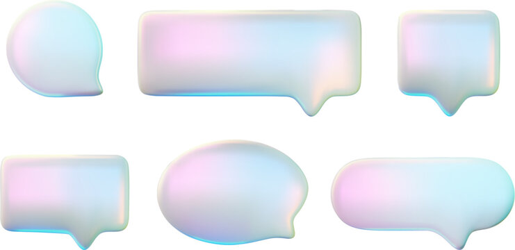 Glass holographic empty speech bubble 3D icon vector set, realistic volume roundish text bubble chat message pearl shine