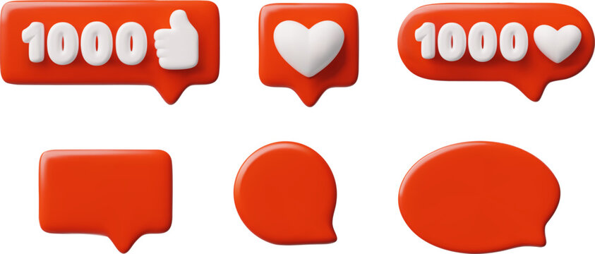 Heart and 1000 symbol in red speech bubble 3D icon vector set, social media chat message, appreciative, love like symbol