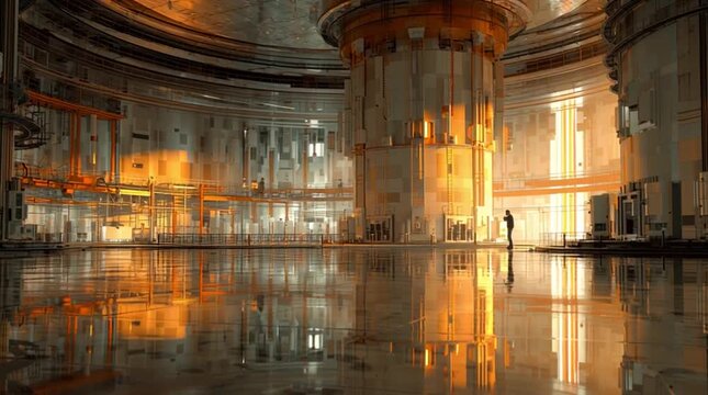 Abstract suggestion of a reactor interior conveyed through reflections and controlled light, avoiding literal depiction while evoking technological depth, precision, and quiet industrial presence.
