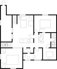 Minimalist apartment floor plan vector illustration featuring clean black outline layout with multiple rooms living area kitchen and architectural residential home design.