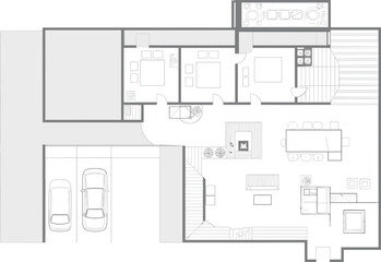 Modern house floor plan vector illustration featuring three bedroom layout spacious open living area two car garage and detailed residential architectural home design.